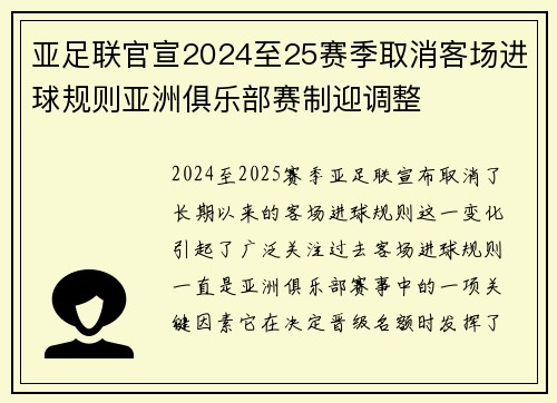 亚足联官宣2024至25赛季取消客场进球规则亚洲俱乐部赛制迎调整 亚足联官宣2024至25赛季取消客场进球规则亚洲俱乐部赛制迎调整