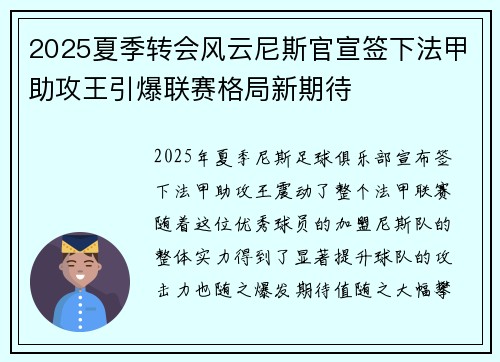 2025夏季转会风云尼斯官宣签下法甲助攻王引爆联赛格局新期待 2025夏季转会风云尼斯官宣签下法甲助攻王引爆联赛格局新期待